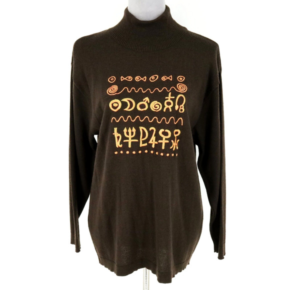 Crisca Sweater Womens 6 US 36 EU Brown Wool Embroidered Mock Neck Y2K Vintage - Picture 1 of 13